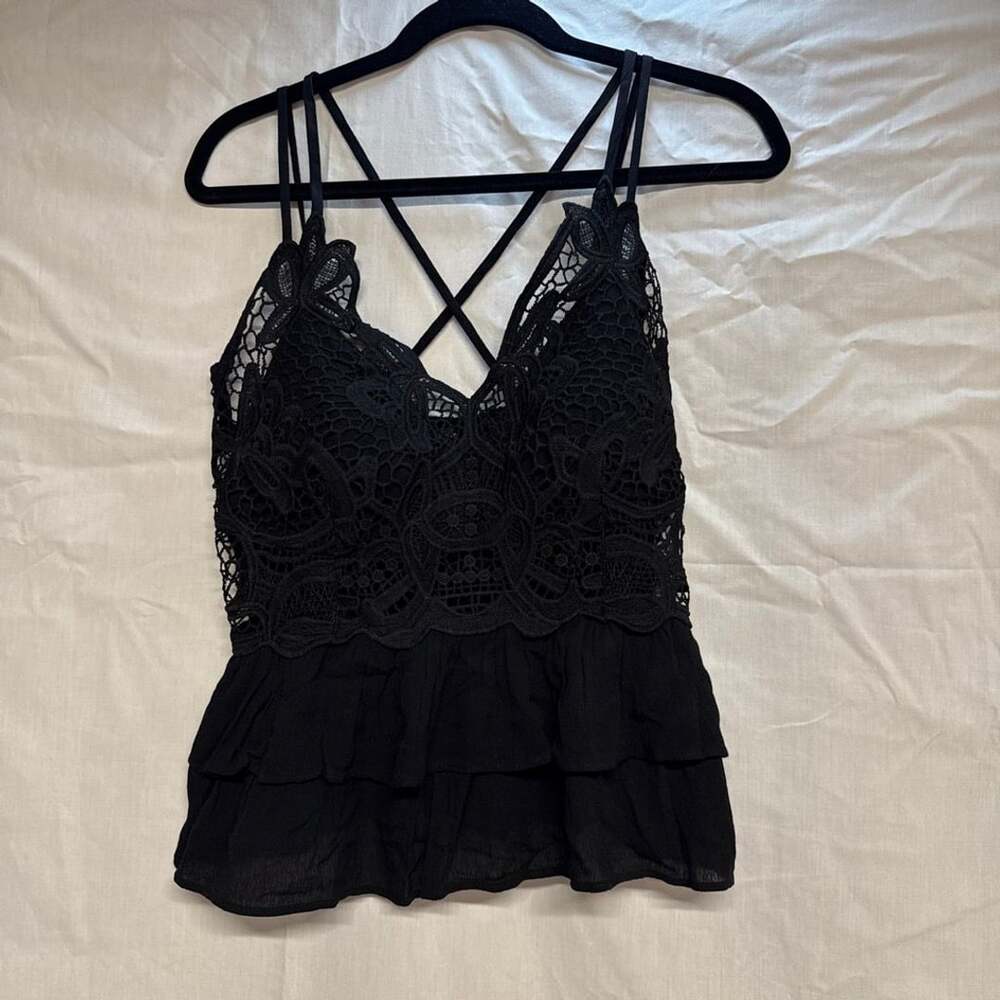 Moa & Moa Black Lace Crocheted V-Neck Babydoll Cami Top with Ruffle Hem